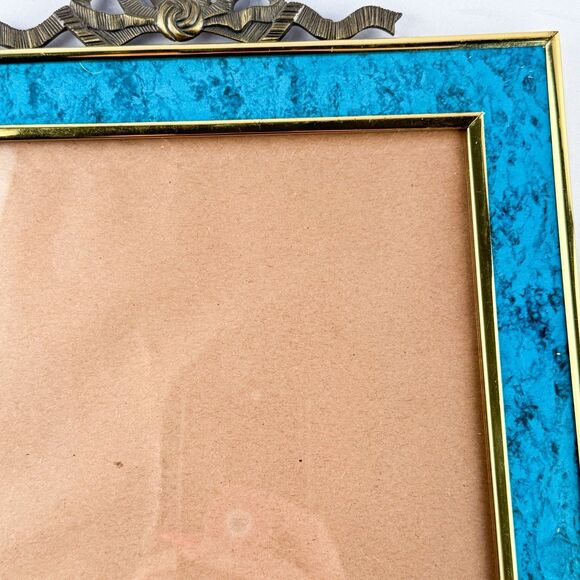 Vintage Turquoise Enamel & Brass Ribbon Bow Picture Frame 8x10 Ornate MCM Decor - Picture 4 of 9